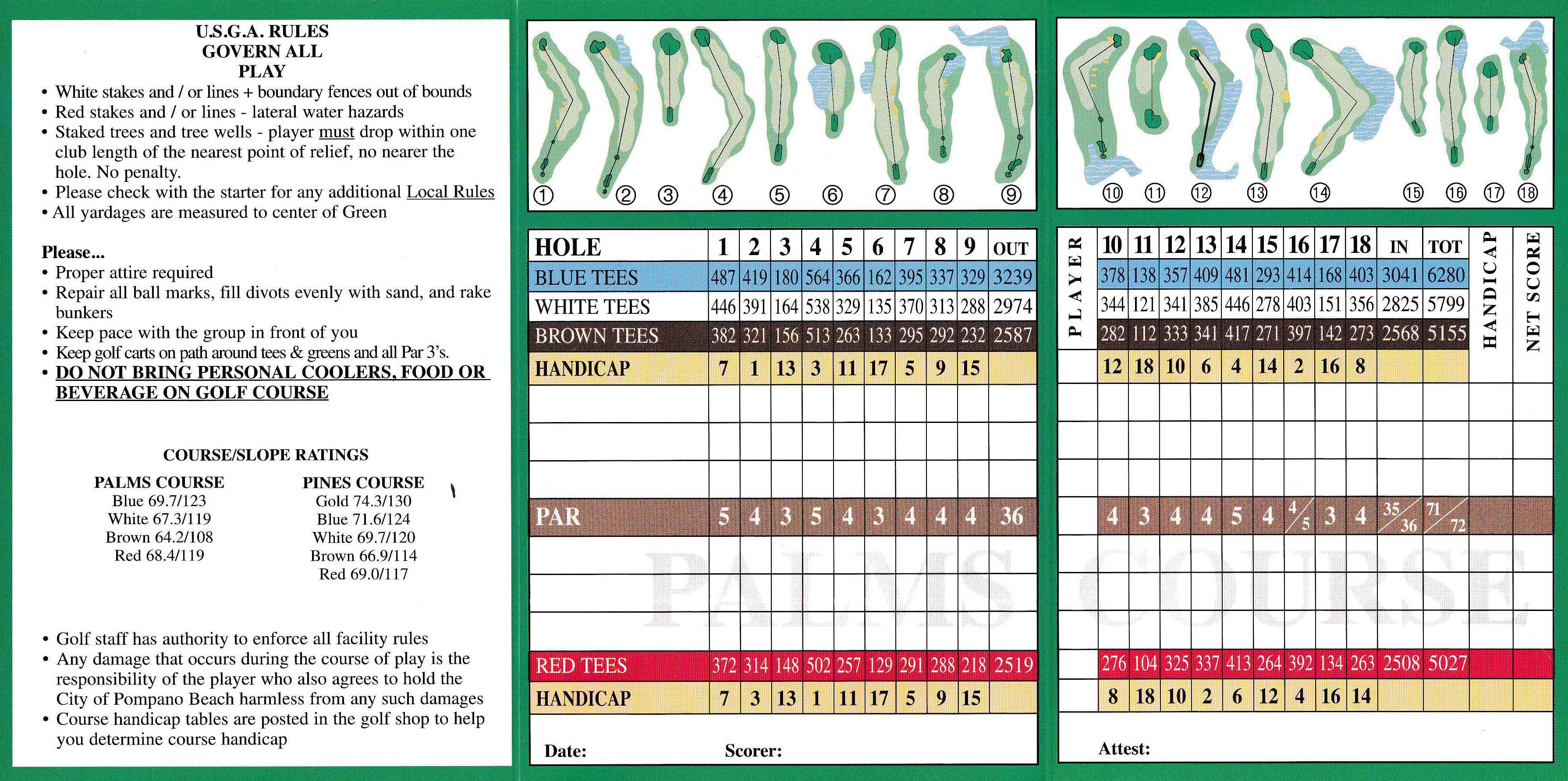 Palms Golf Course Scorecard